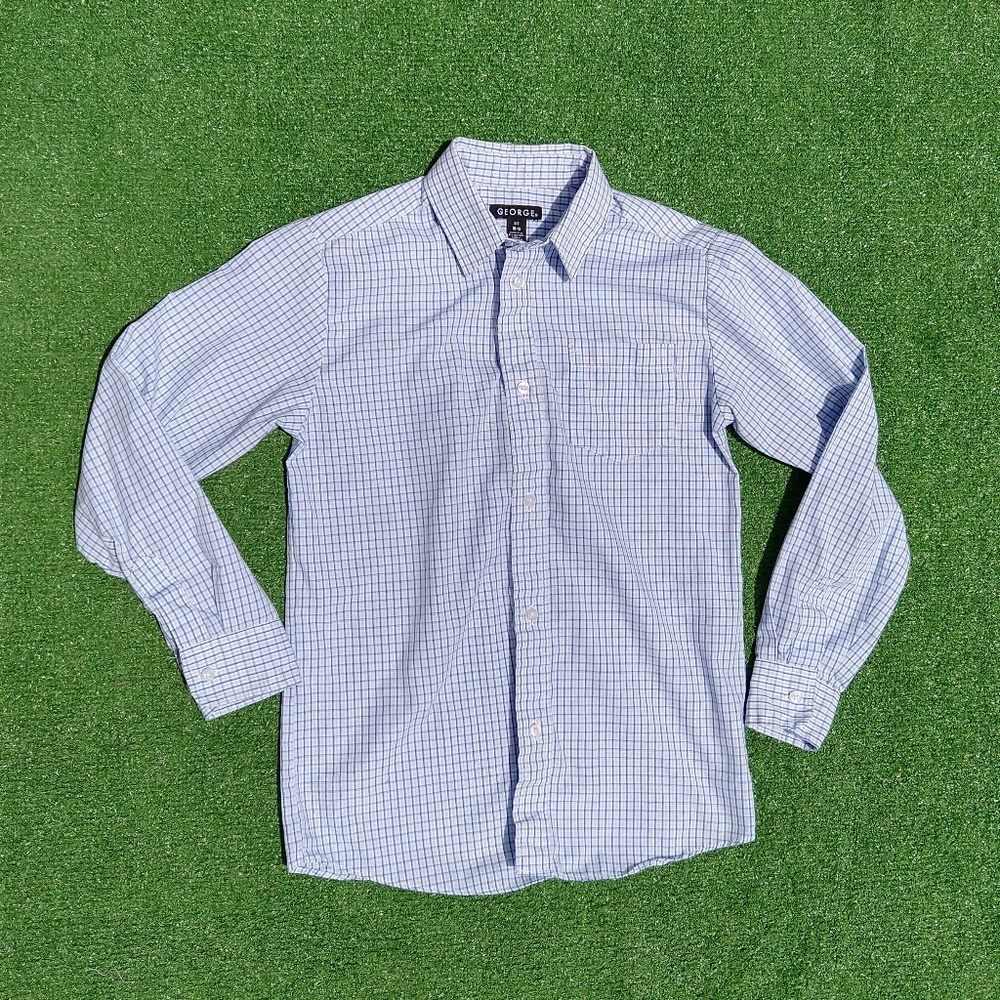 Kids Boys Sz 10-12 Large George Blue Plaid Button-Down Cotton/Poly Pocket Shirt